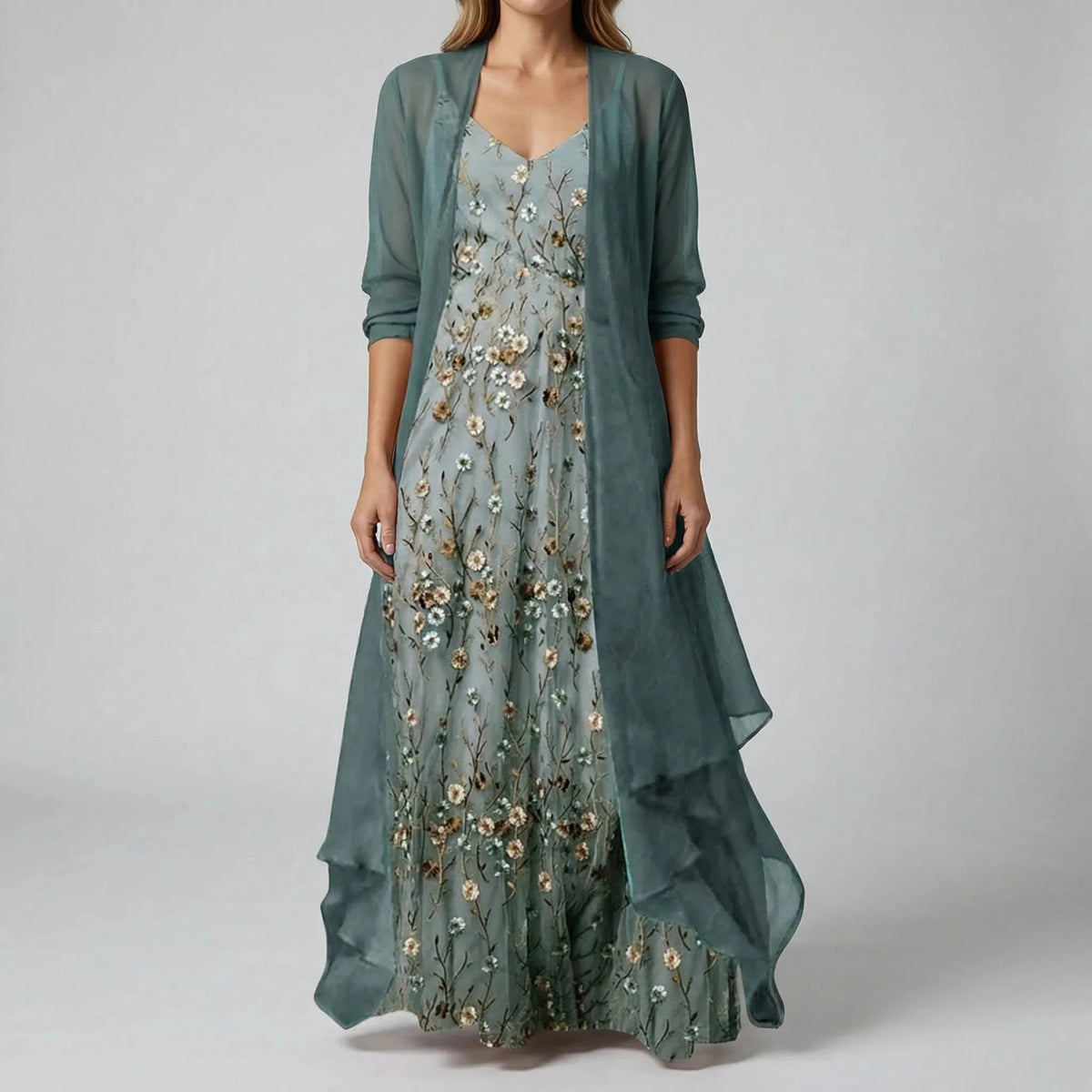 Women’s Floral Two-Piece Maxi Set with Long-Sleeve Top and Skirt