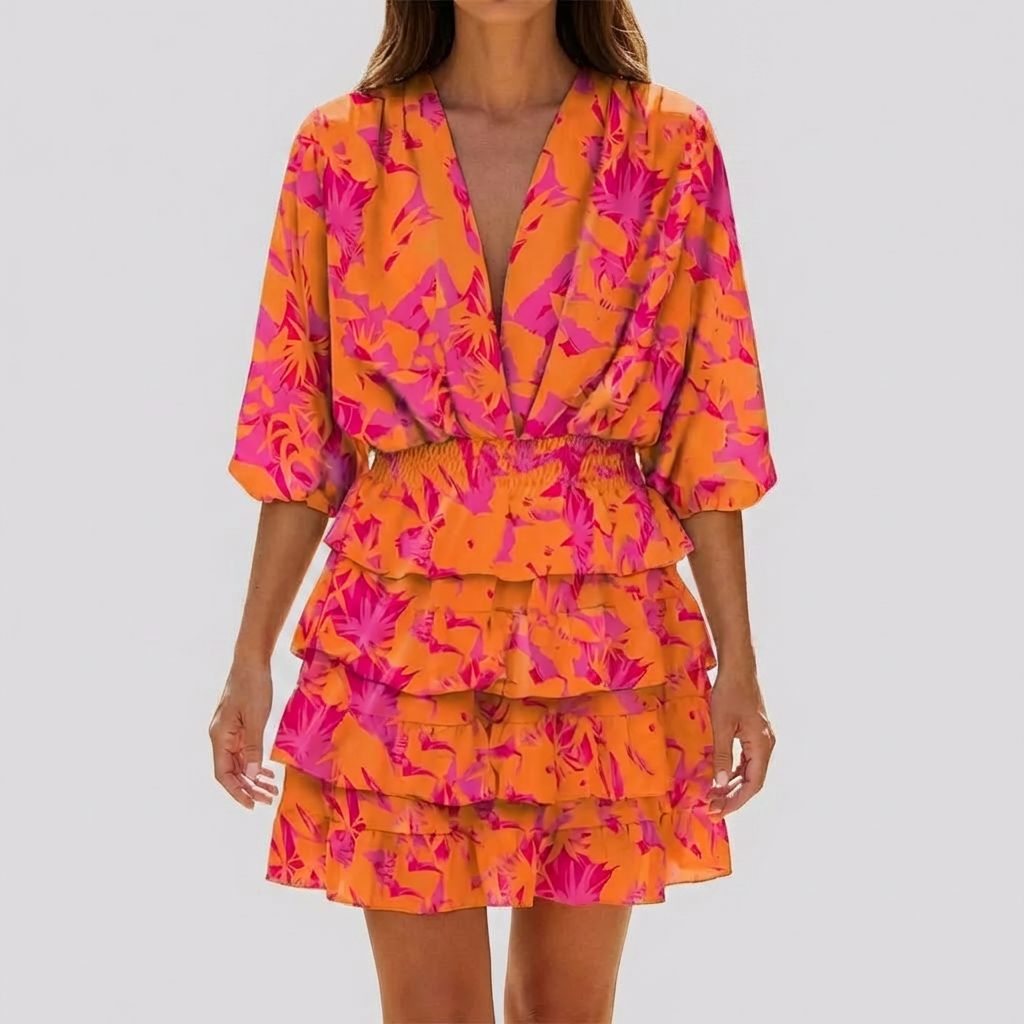 Women's Geometric Print Mini Dress V Neck Summer Sundress Short Sleeve Ruffle Flowy Beach Boho