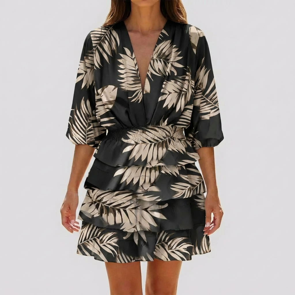 Women's Geometric Print Mini Dress V Neck Summer Sundress Short Sleeve Ruffle Flowy Beach Boho - image 3