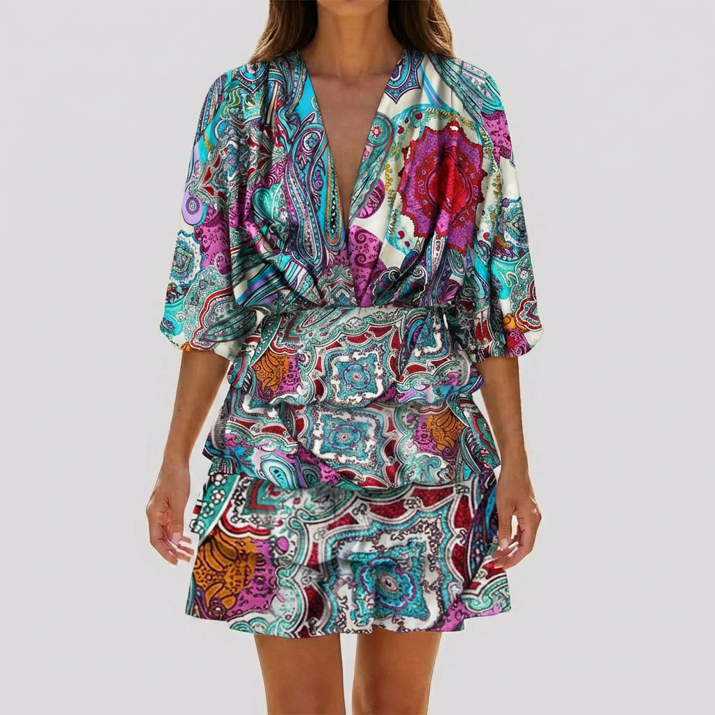 Women's Geometric Print Mini Dress V Neck Summer Sundress Short Sleeve Ruffle Flowy Beach Boho - image 4