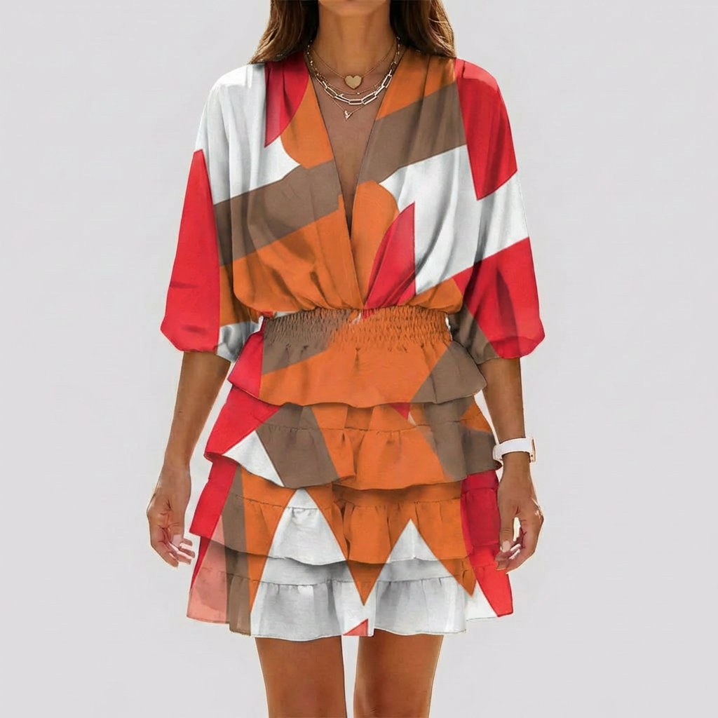Women's Geometric Print Mini Dress V Neck Summer Sundress Short Sleeve Ruffle Flowy Beach Boho - image 5