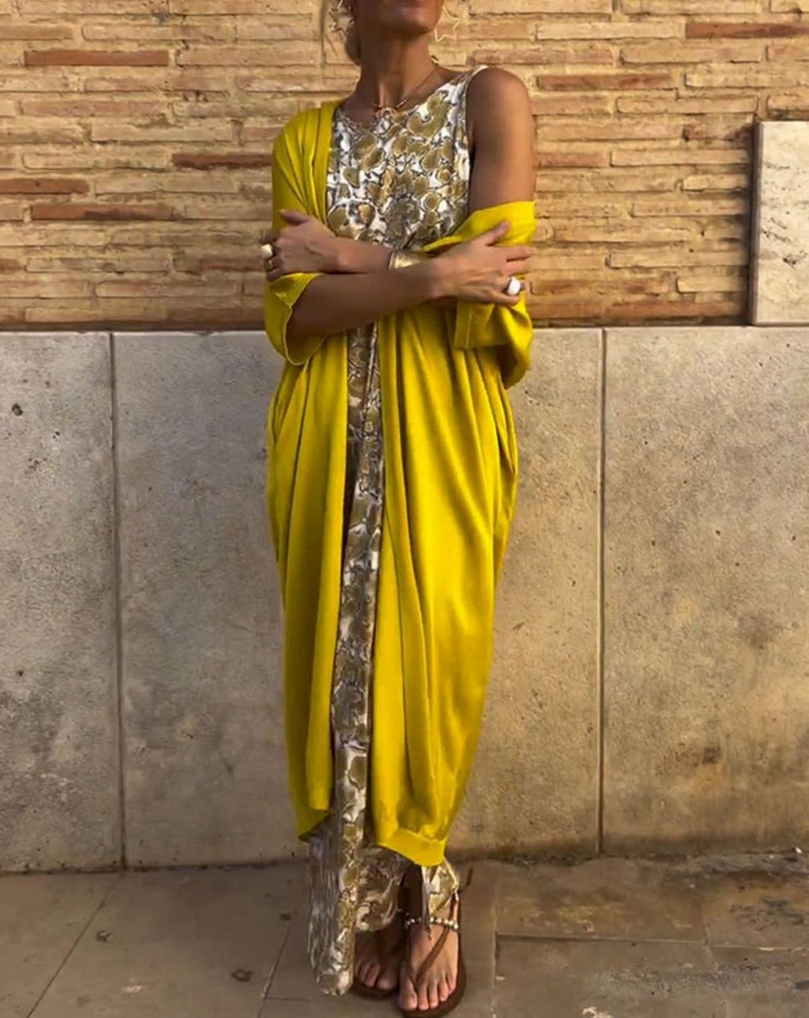 Women's Gold Floral Maxi Dress Set Sleeveless Wrap Cardigan Two Piece Summer Sundress Boho Beach Long - image 1