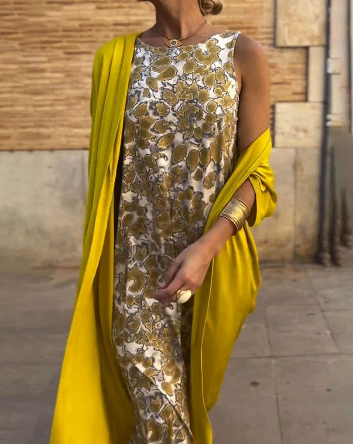 Women's Gold Floral Maxi Dress Set Sleeveless Wrap Cardigan Two Piece Summer Sundress Boho Beach Long - image 2
