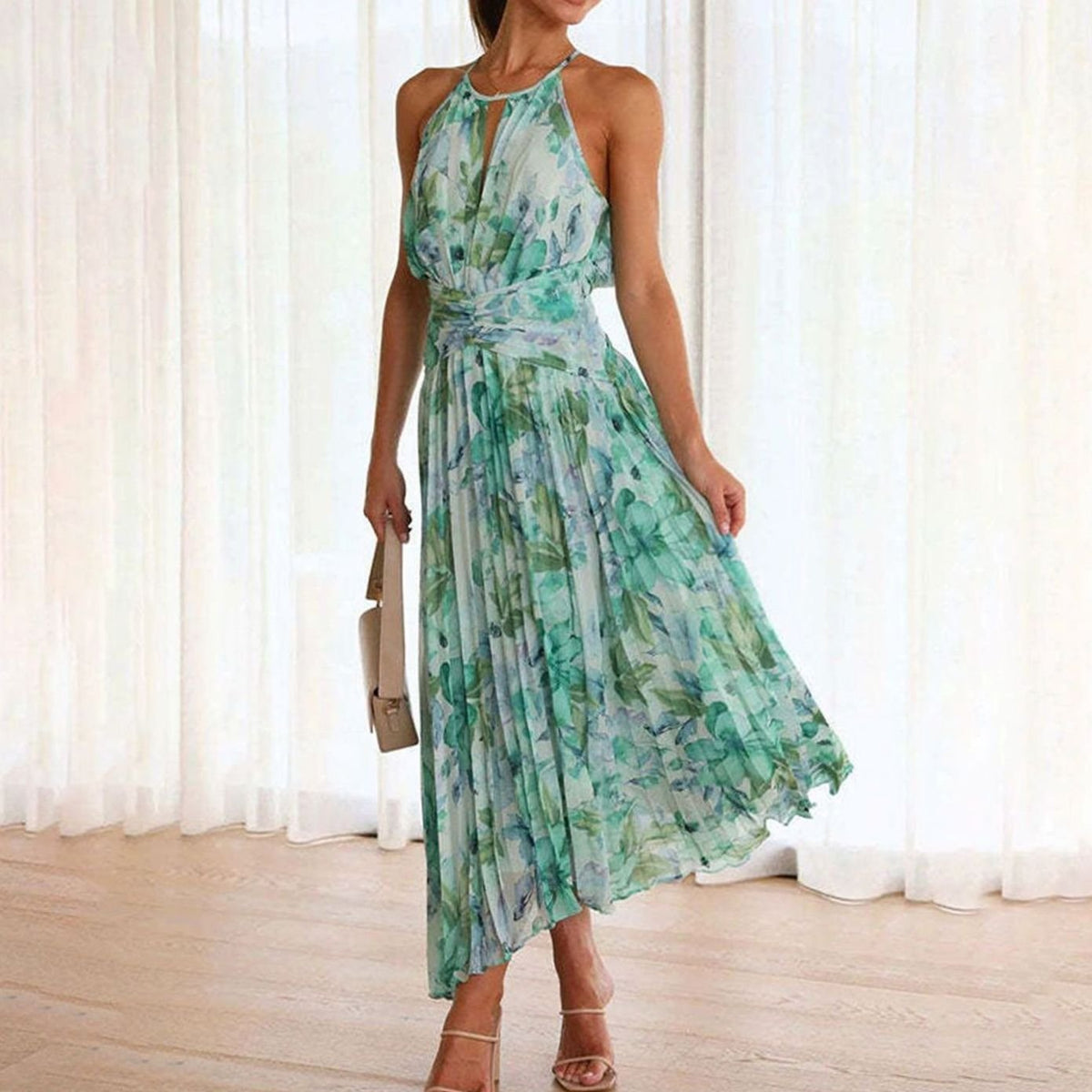 Women's Green Floral Maxi Dress Halter Neck Pleated Summer Sundress Boho Beach Wedding Guest Long Flowy