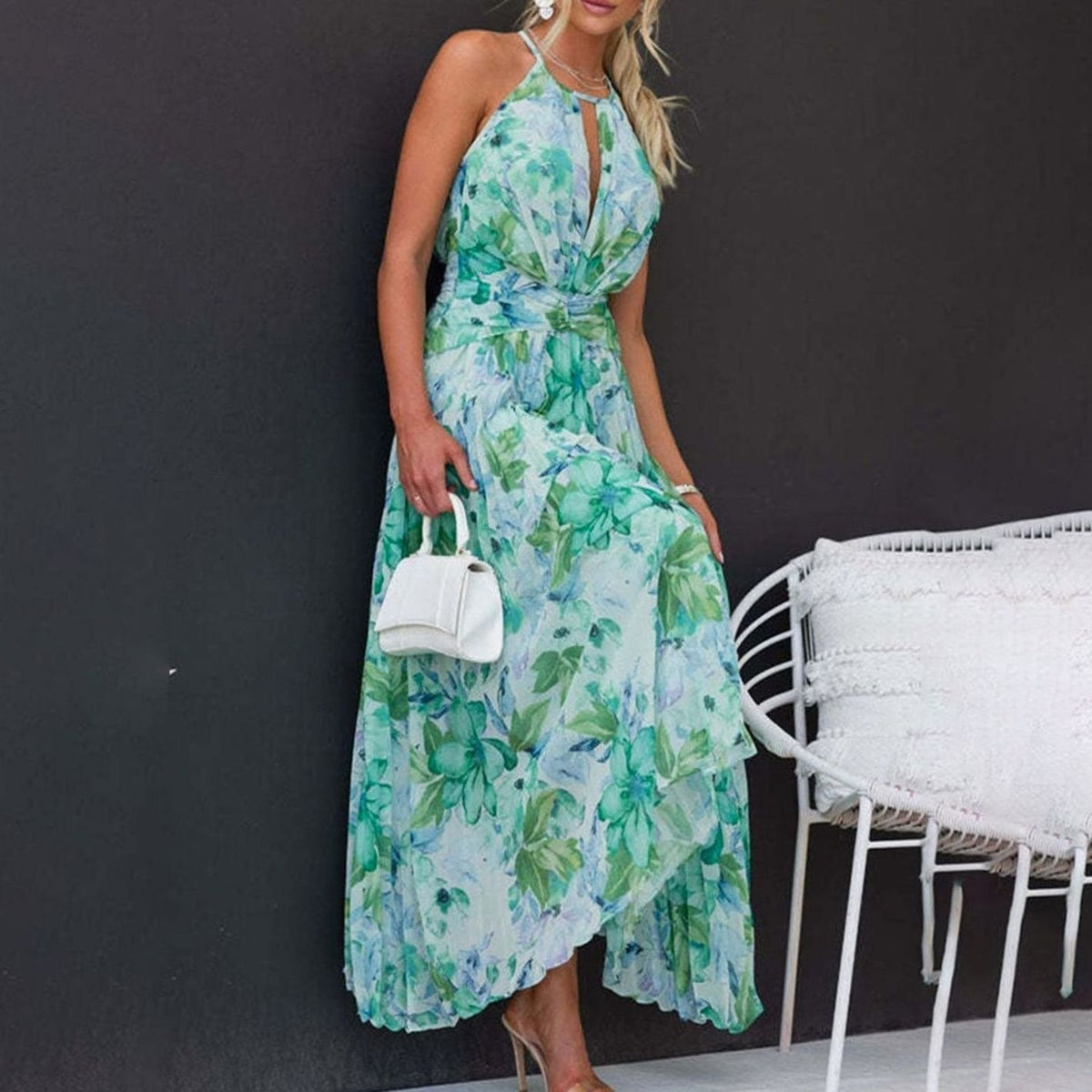 Women's Green Floral Maxi Dress Halter Neck Pleated Summer Sundress Boho Beach Wedding Guest Long Flowy