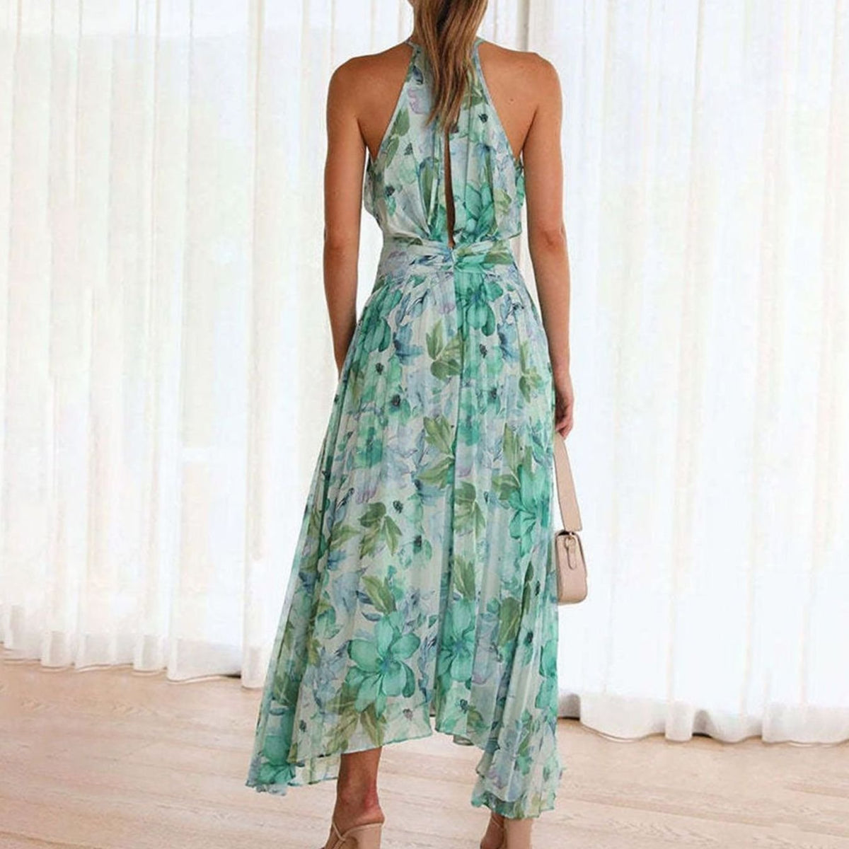 Women's Green Floral Maxi Dress Halter Neck Pleated Summer Sundress Boho Beach Wedding Guest Long Flowy