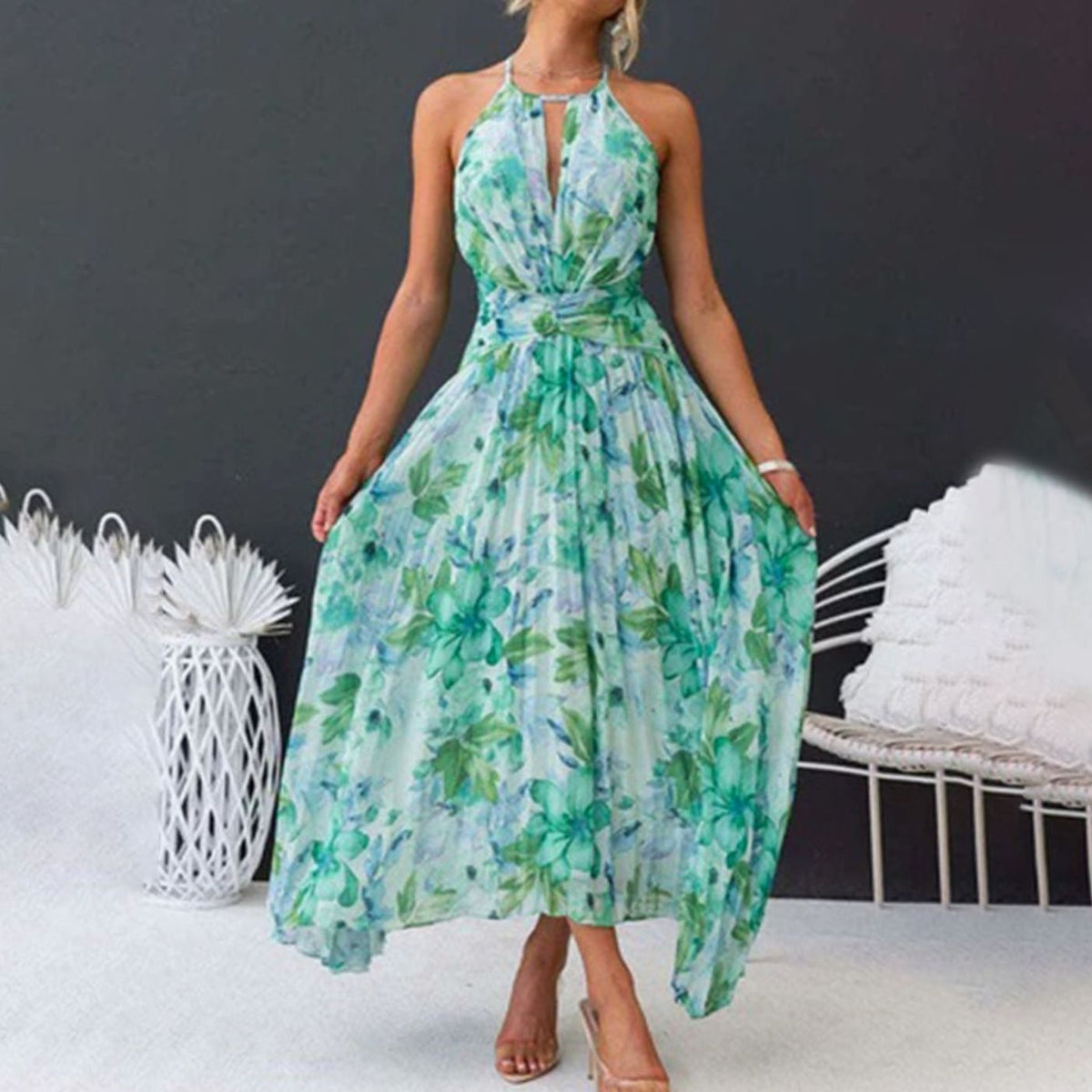 Women's Green Floral Maxi Dress Halter Neck Pleated Summer Sundress Boho Beach Wedding Guest Long Flowy - image 4