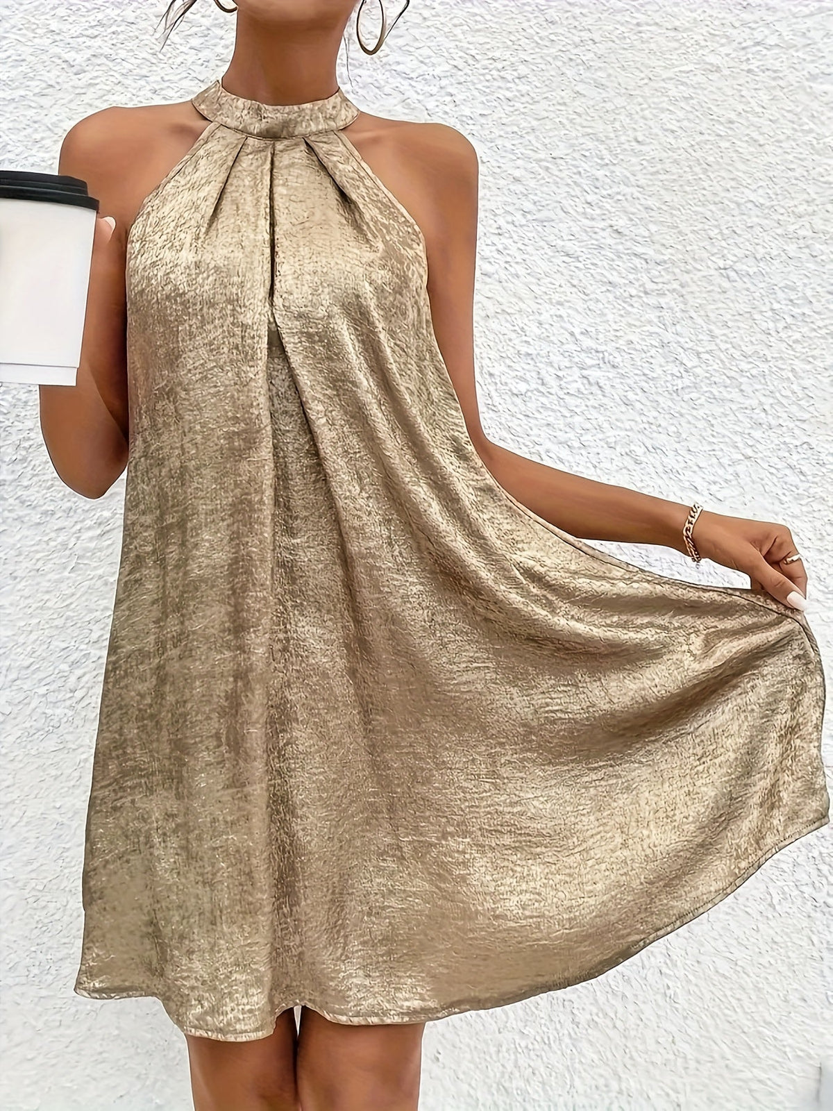 Women’s Satin Halter Mini Party Dress with Draped Sparkly Finish