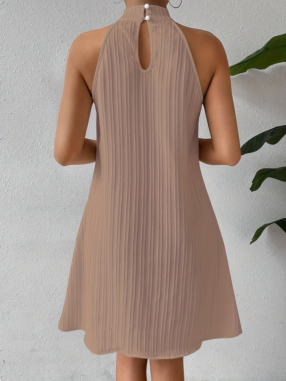 Women's Halter Mini Dress Textured Summer Sundress Sleeveless Pleated Flowy Beach Neck Casual