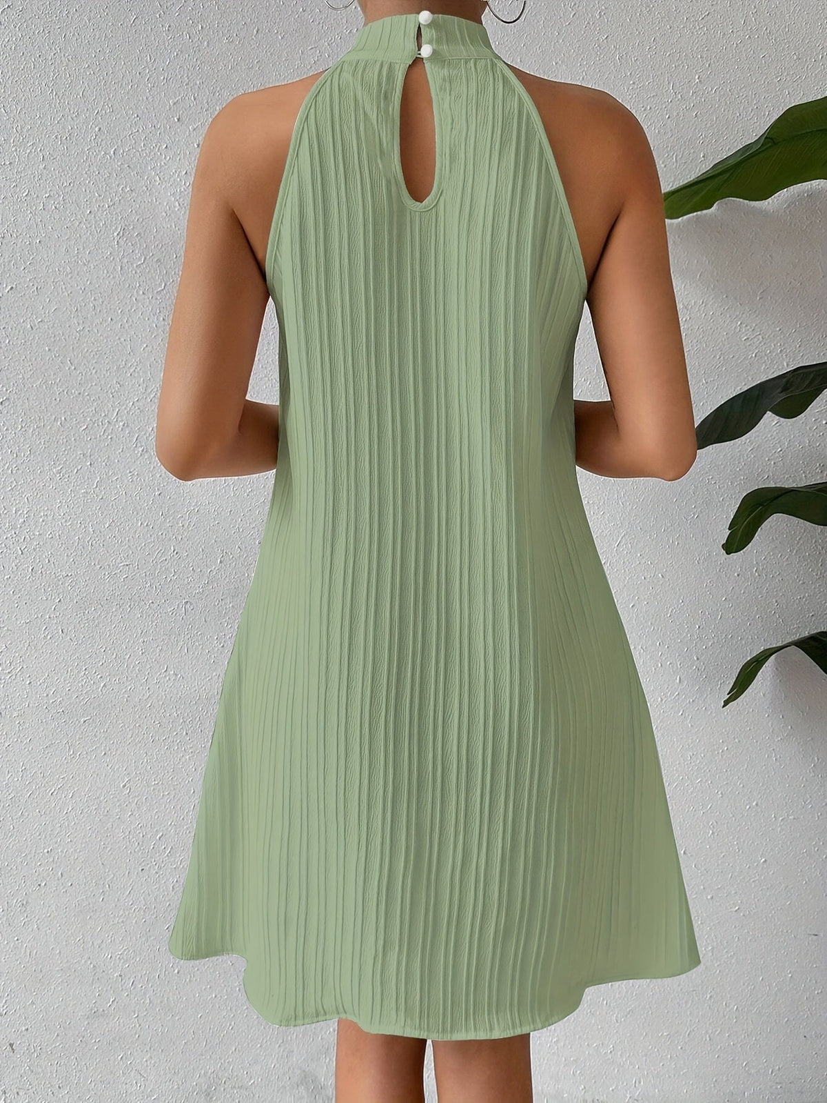 Women's Halter Mini Dress Textured Summer Sundress Sleeveless Pleated Flowy Beach Neck Casual