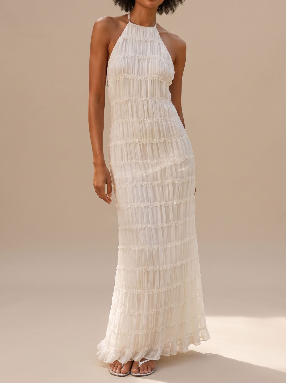 Women’s Ivory Chiffon Maxi Sundress with Halter Neck and Open Back