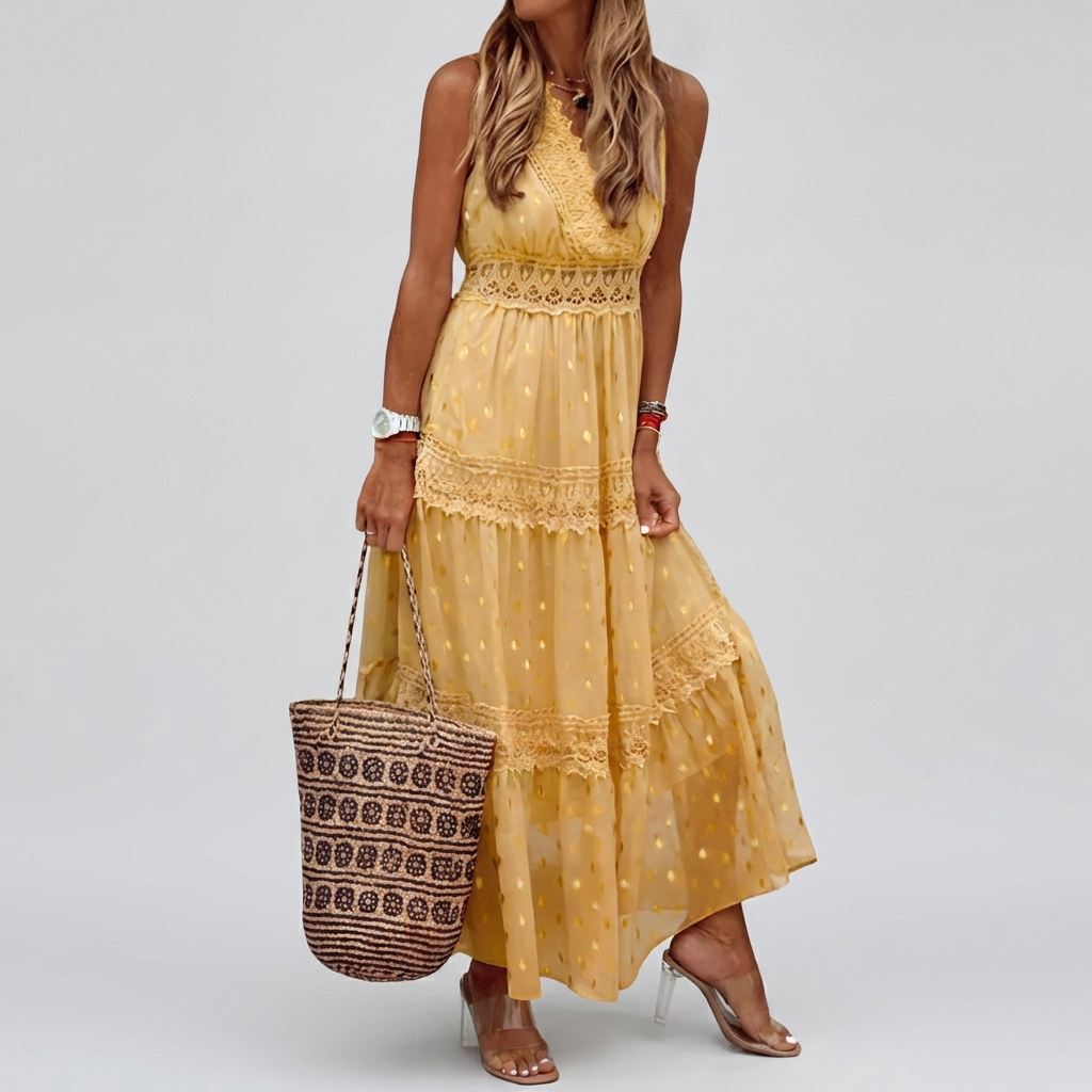 Women’s Boho Lace Maxi Sundress with Spaghetti Straps and Tiered Skirt