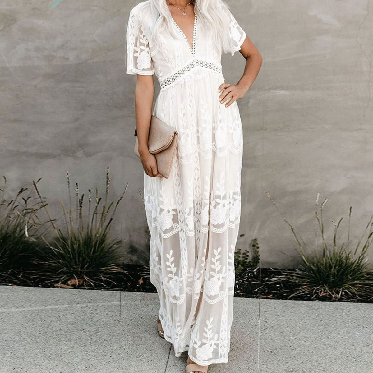Women’s Floral Lace Maxi Sundress with V-Neck and Short Sleeves