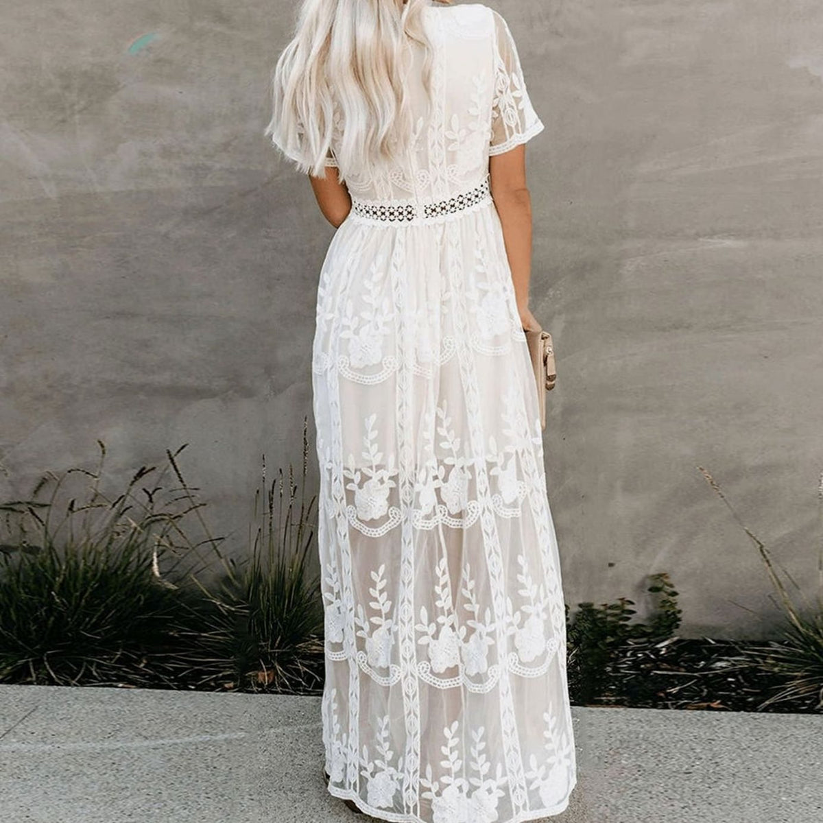 Women’s Floral Lace Maxi Sundress with V-Neck and Short Sleeves