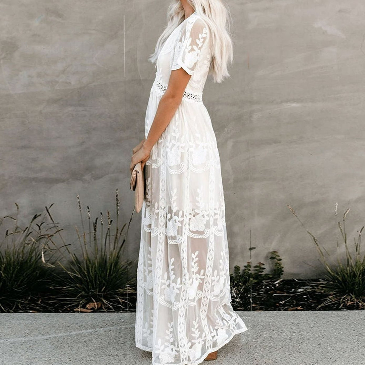 Women's Lace Maxi Dress V Neck Floral Summer Sundress Boho Beach Long Flowy Short Sleeve - image 4