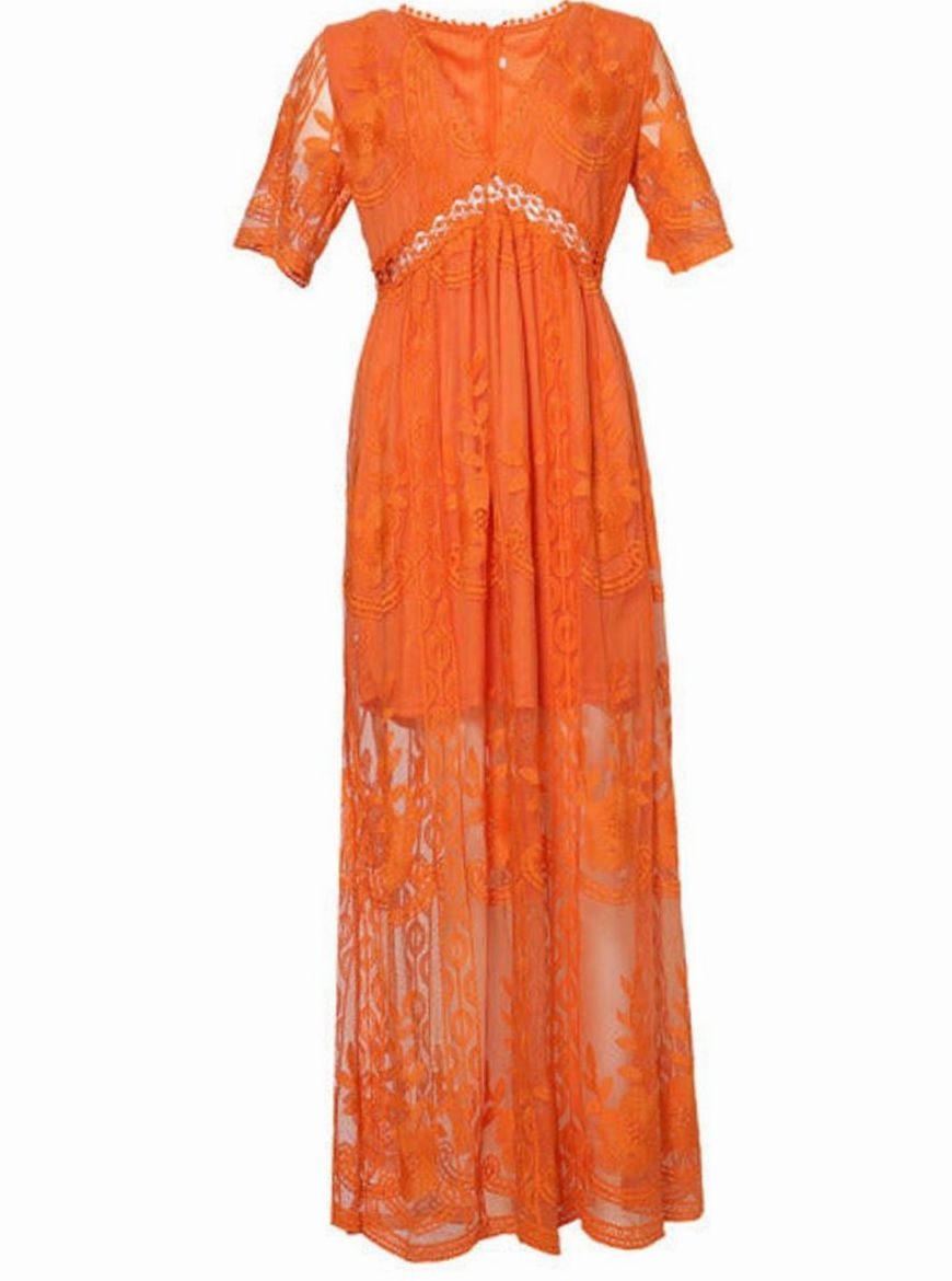 Women’s Floral Lace Maxi Sundress with V-Neck and Short Sleeves