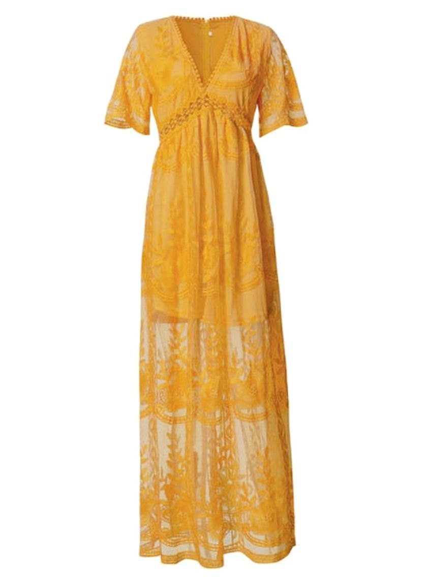 Women’s Floral Lace Maxi Sundress with V-Neck and Short Sleeves