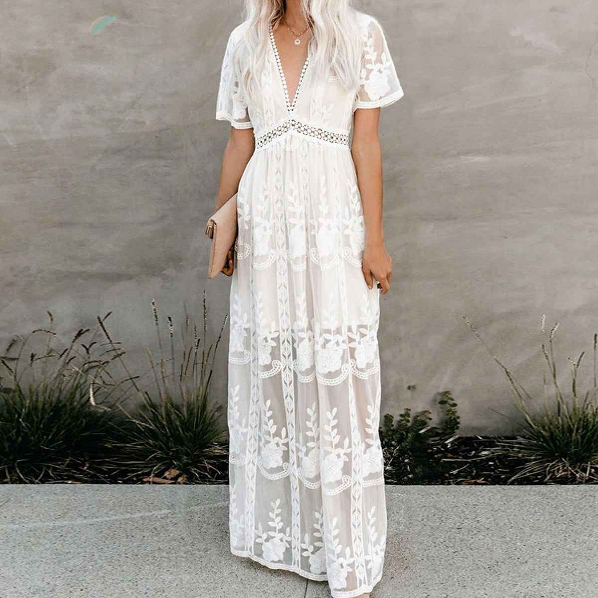 Women’s Floral Lace Maxi Sundress with V-Neck and Short Sleeves