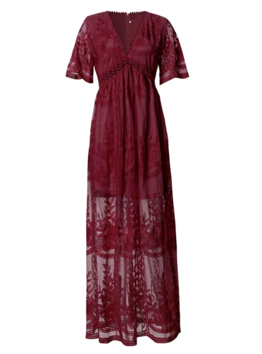 Women’s Floral Lace Maxi Sundress with V-Neck and Short Sleeves