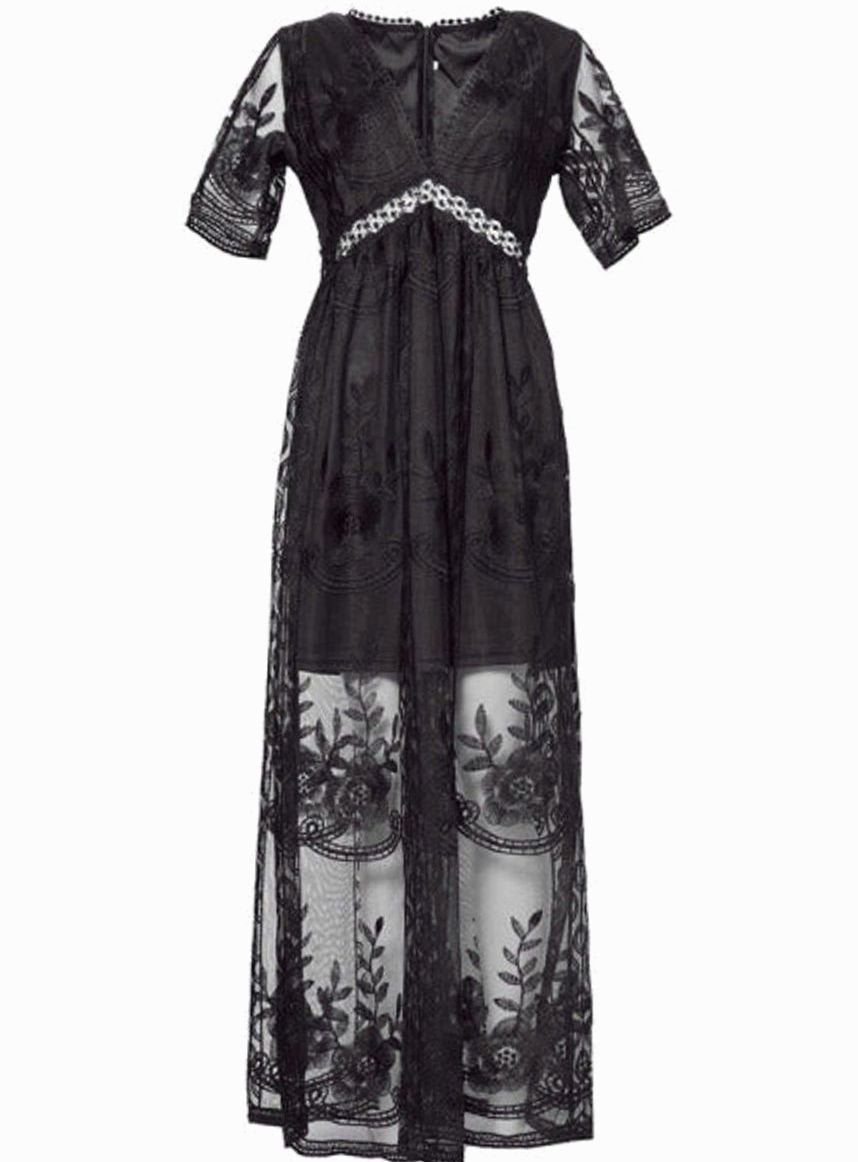 Women's Lace Maxi Dress V Neck Floral Summer Sundress Boho Beach Long Flowy Short Sleeve - image 9