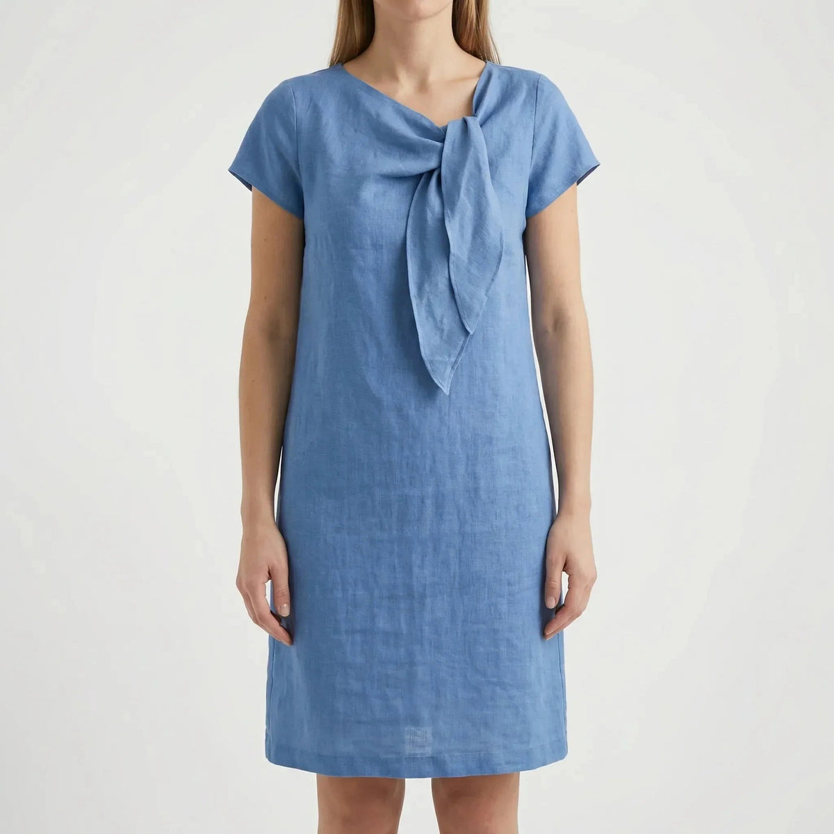 Women's Linen Dress Short Sleeve Summer Midi Ribbon Detail Casual Flowy Relaxed Beach Everyday - image 5