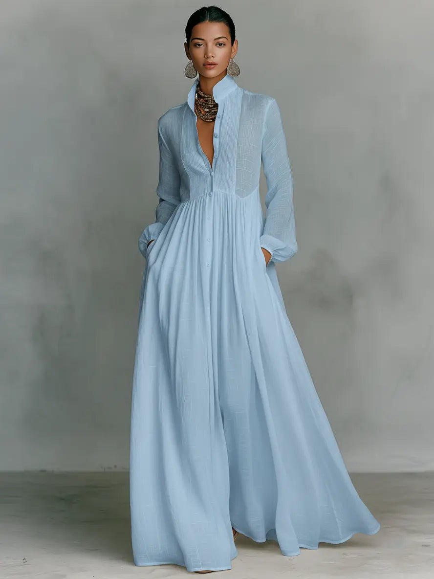 Women’s Button-Front Maxi Shirt Dress with Long Sleeves and Collar