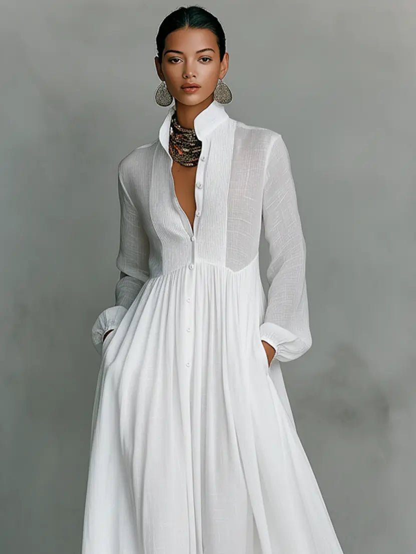 Women's Maxi Dress Button Front Long Sleeve Shirt Flowy Summer Beach Long Collared Casual Relaxed - image 5