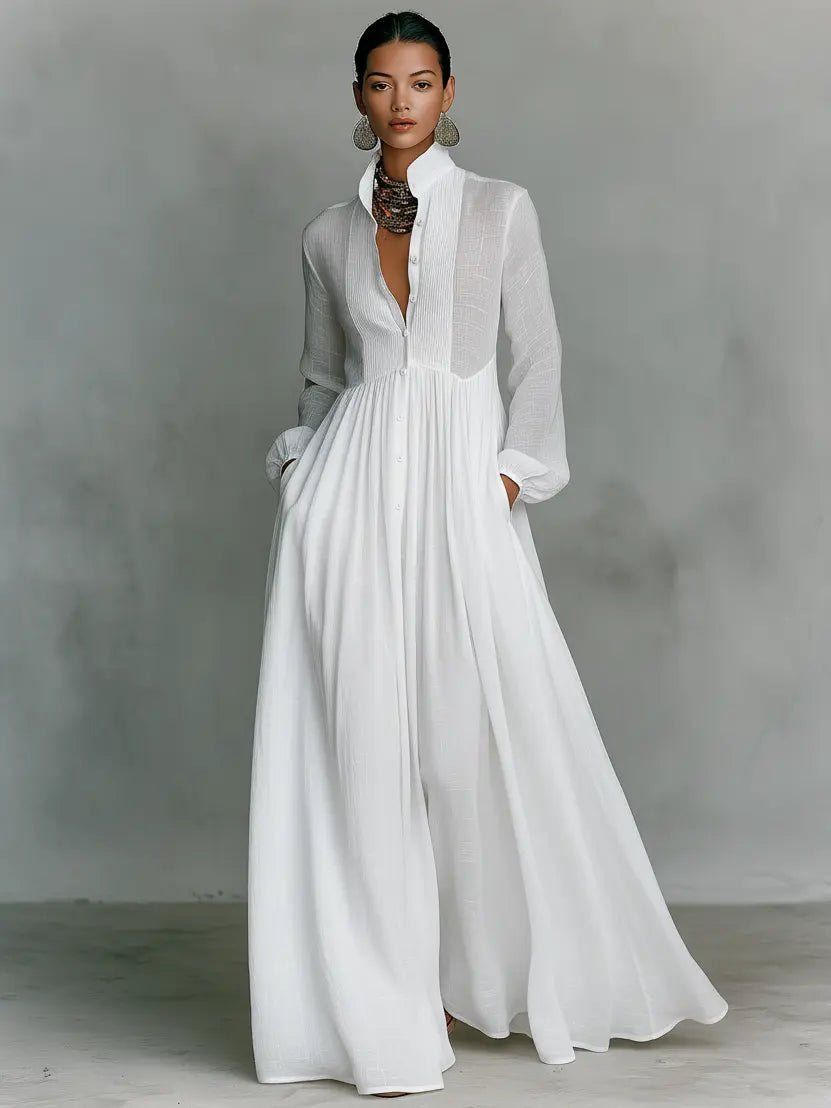Women’s Button-Front Maxi Shirt Dress with Long Sleeves and Collar