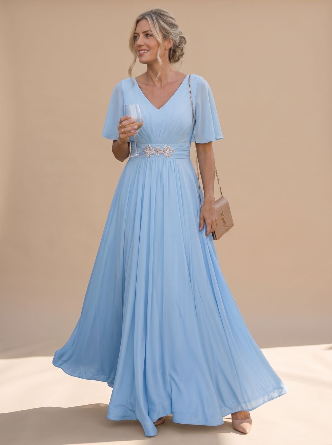 Women's Maxi Dress Flutter Sleeve V Neck Embellished A Line Formal Evening Gown Wedding Guest Long - image 1