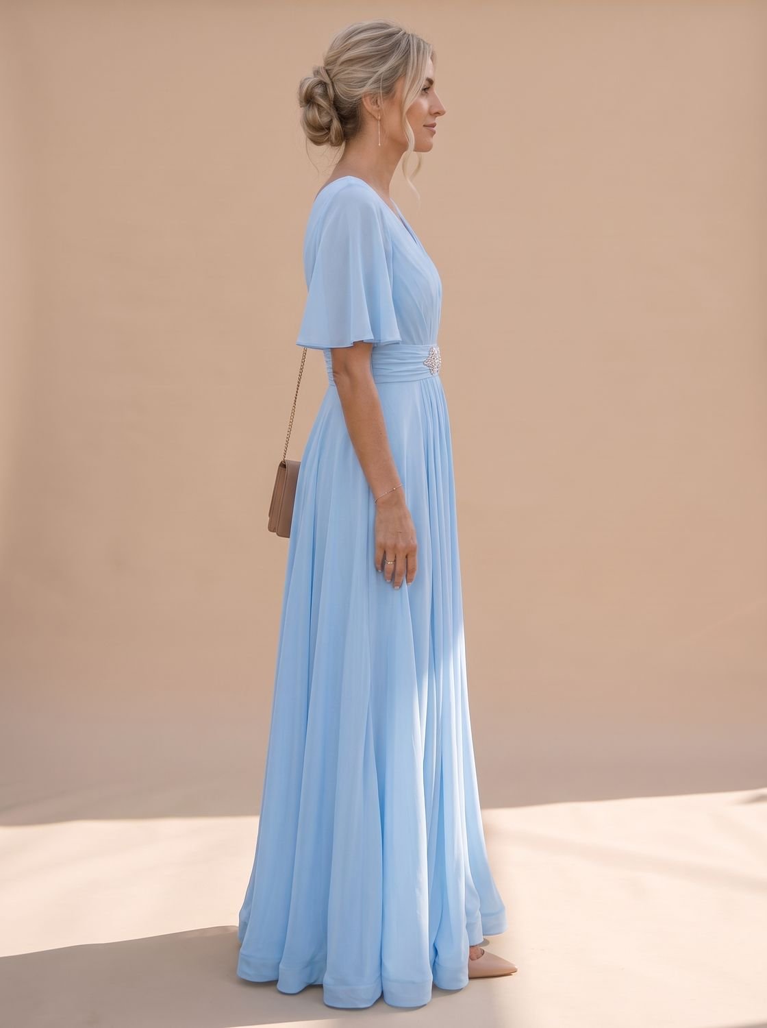 Women's Maxi Dress Flutter Sleeve V Neck Embellished A Line Formal Evening Gown Wedding Guest Long