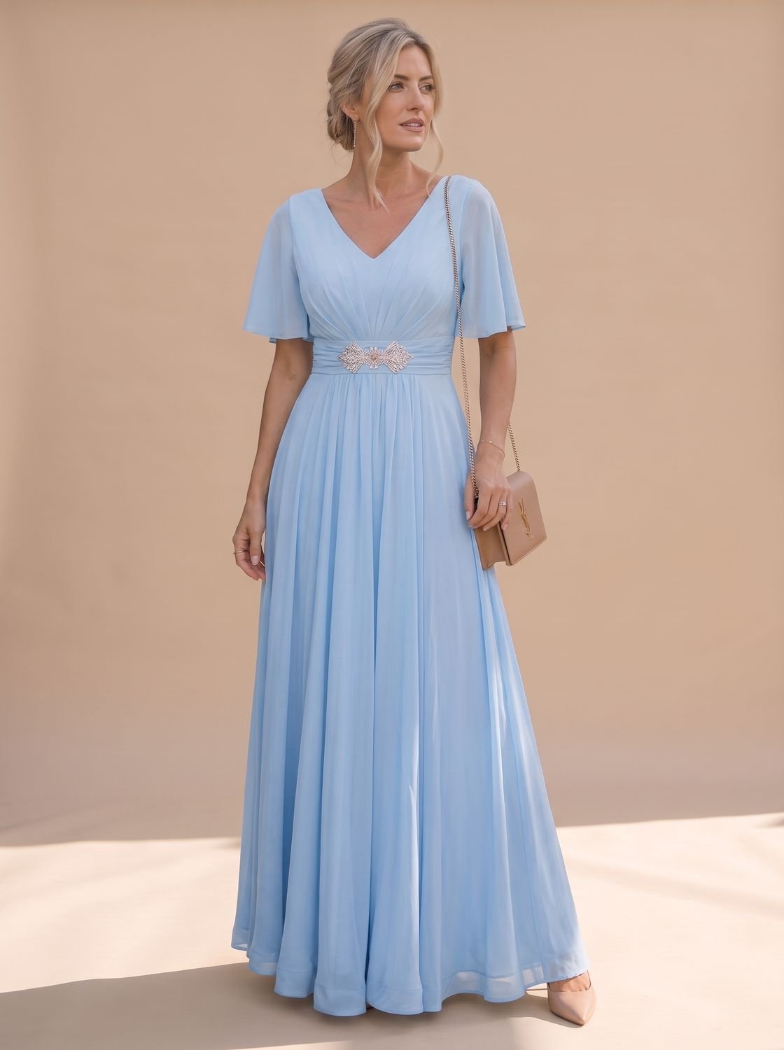 Women's Maxi Dress Flutter Sleeve V Neck Embellished A Line Formal Evening Gown Wedding Guest Long