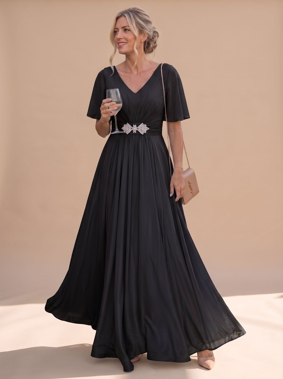 Women's Maxi Dress Flutter Sleeve V Neck Embellished A Line Formal Evening Gown Wedding Guest Long