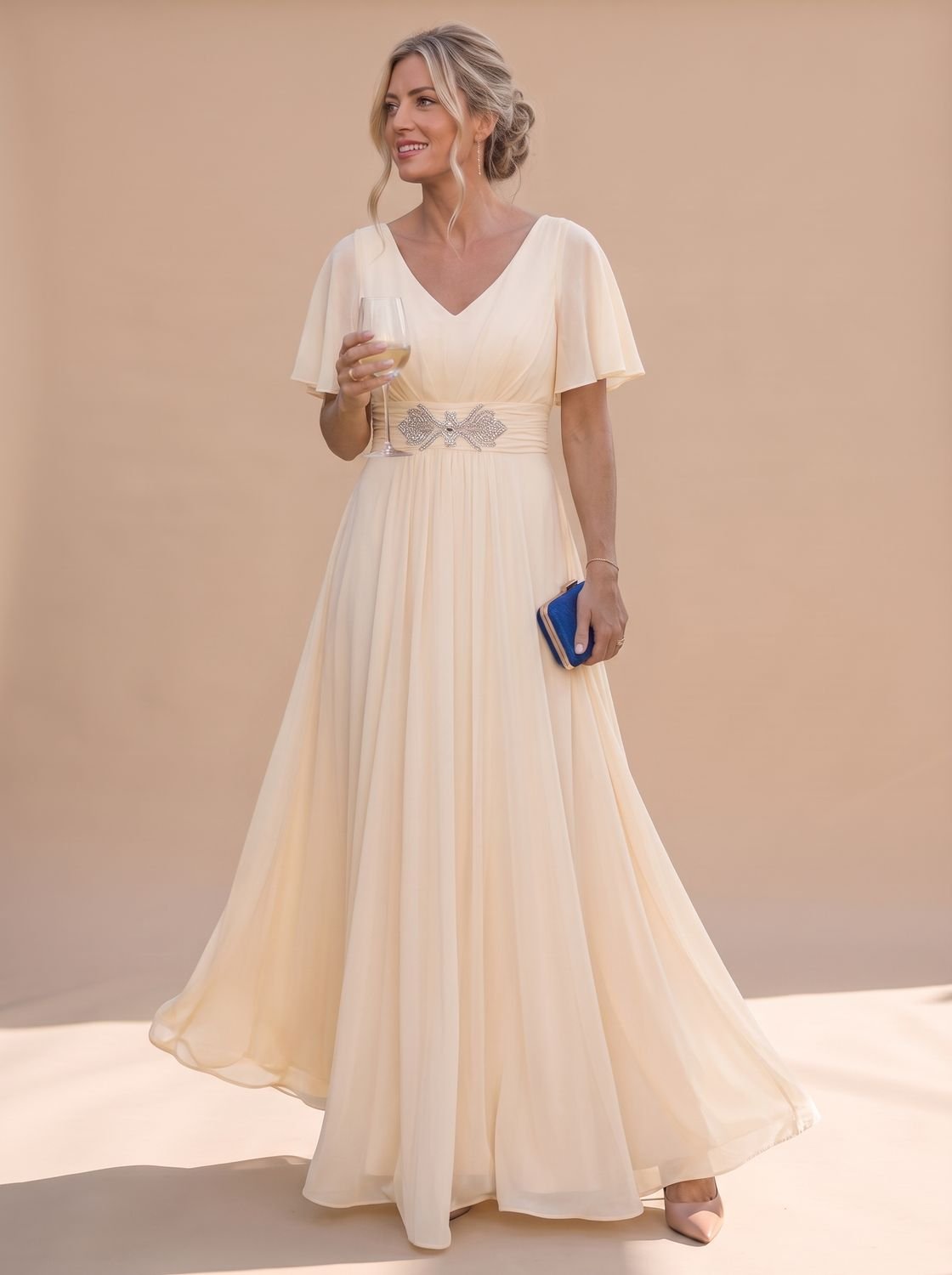 Women's Maxi Dress Flutter Sleeve V Neck Embellished A Line Formal Evening Gown Wedding Guest Long