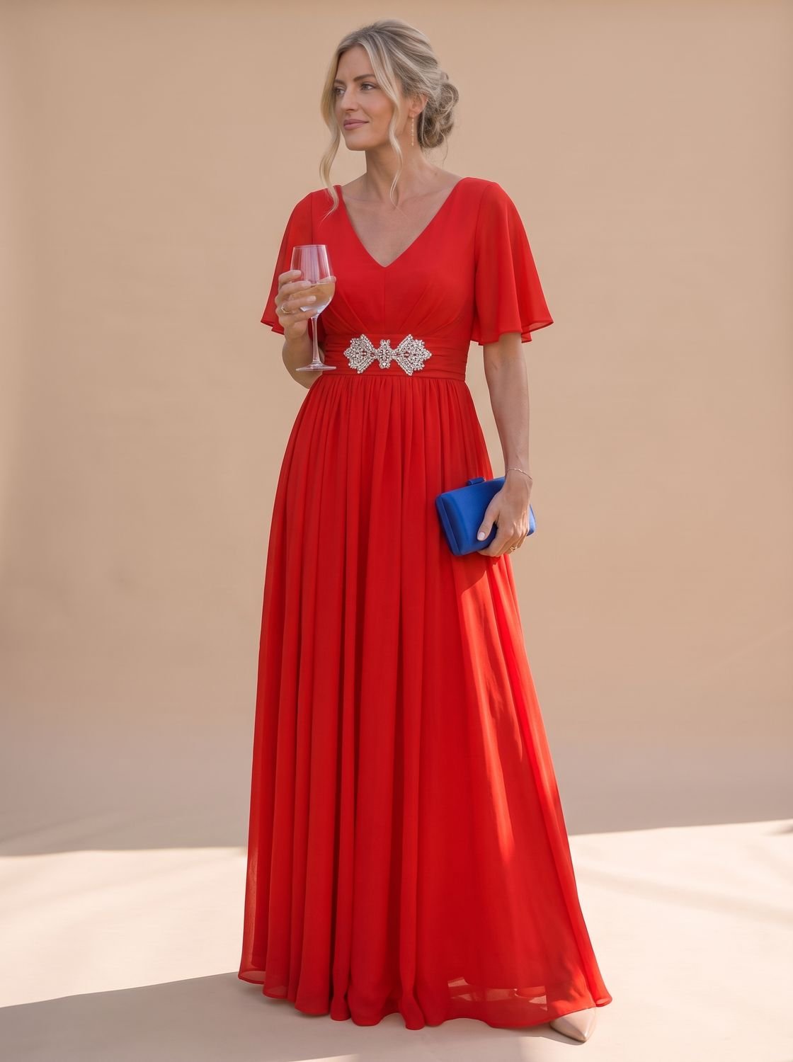 Women's Maxi Dress Flutter Sleeve V Neck Embellished A Line Formal Evening Gown Wedding Guest Long - image 8