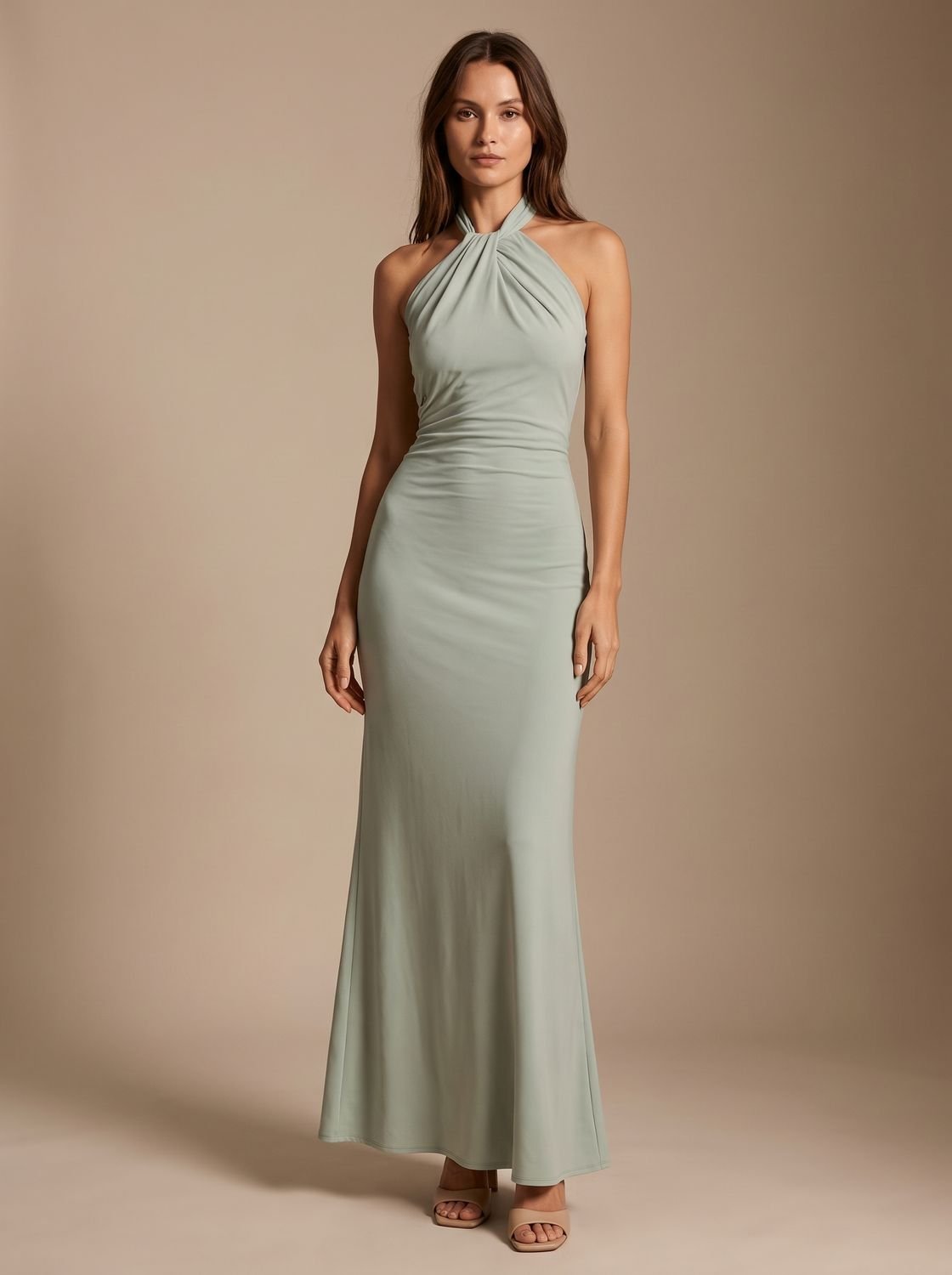 Women's Maxi Dress Halter Neck Ruched Backless Formal Evening Gown Wedding Guest Long Bodycon Elegant