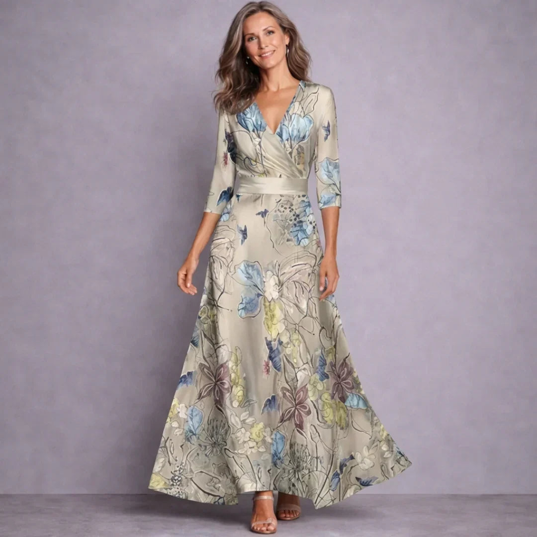 Women's Maxi Dress Wrap A Line Mid Sleeve Summer Wedding Guest Long Flowy Print Beach Elegant
