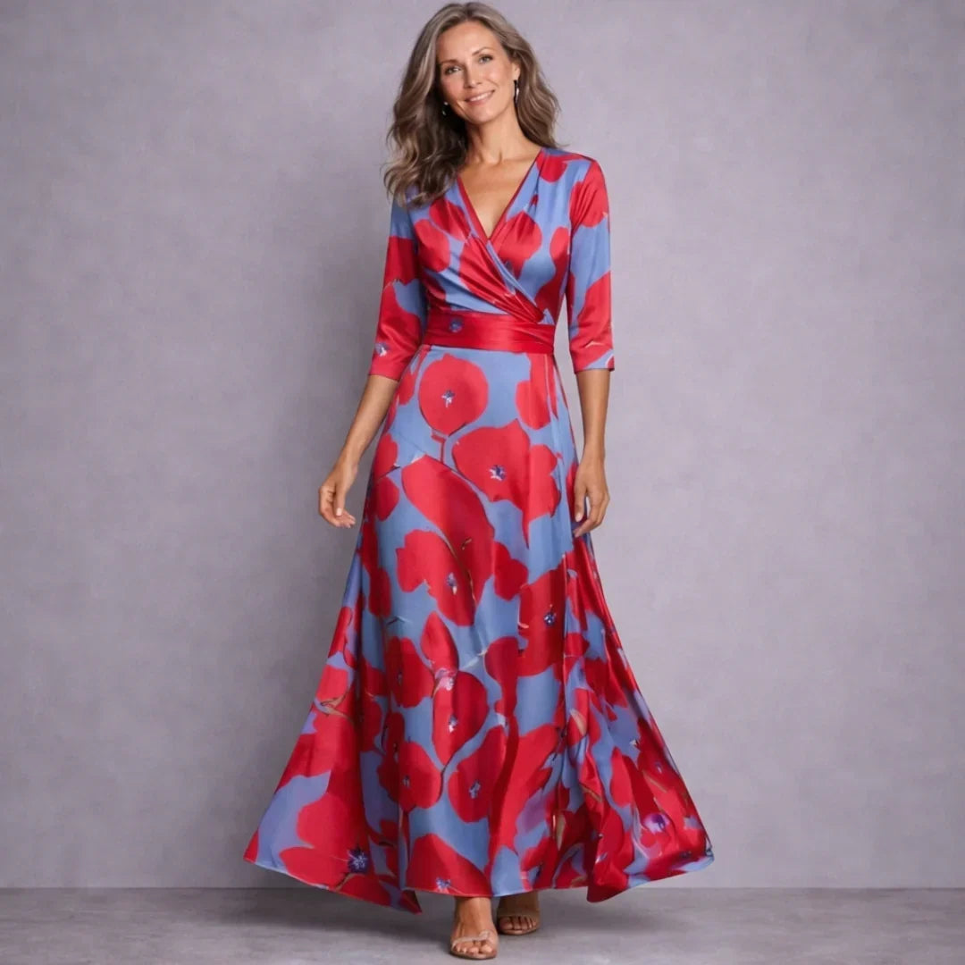 Women's Maxi Dress Wrap A Line Mid Sleeve Summer Wedding Guest Long Flowy Print Beach Elegant