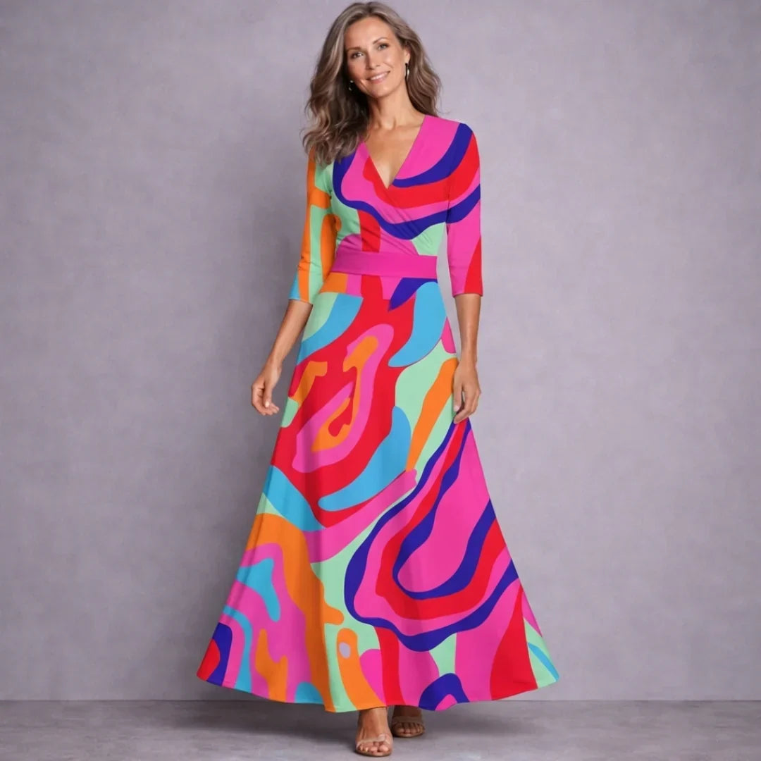 Women's Maxi Dress Wrap A Line Mid Sleeve Summer Wedding Guest Long Flowy Print Beach Elegant