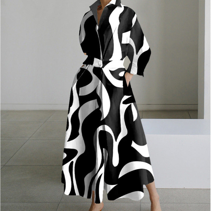 Women's Maxi Dress Wrap Collared Shirt A Line Summer Long Sleeve Button Flowy Casual Elegant