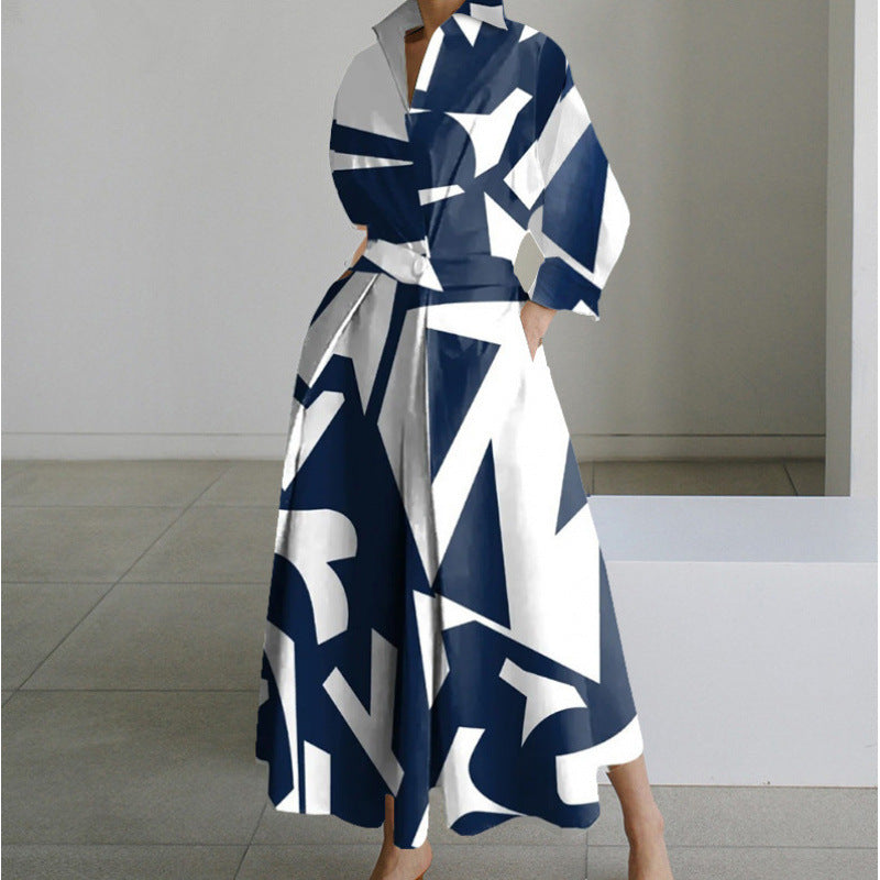 Women's Maxi Dress Wrap Collared Shirt A Line Summer Long Sleeve Button Flowy Casual Elegant