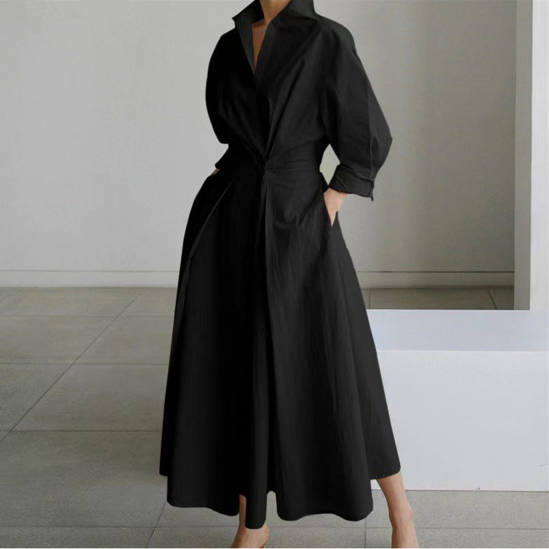Women's Maxi Dress Wrap Collared Shirt A Line Summer Long Sleeve Button Flowy Casual Elegant