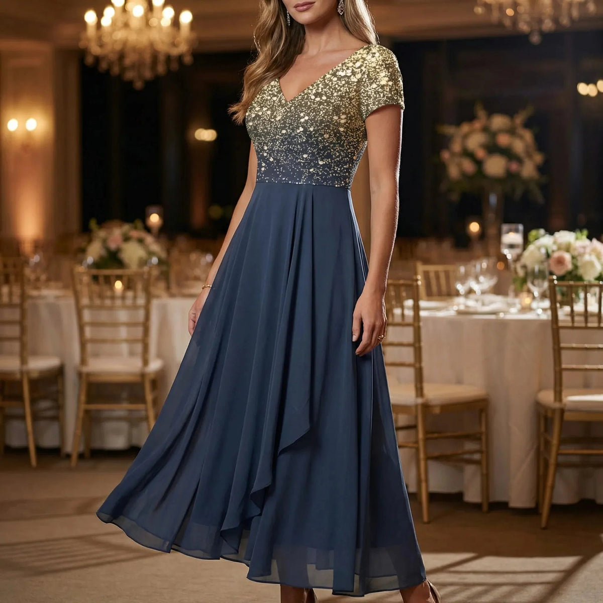 Women's Midi Dress Beaded Bodice A Line Sparkly Evening Formal Wedding Guest Semi Formal Elegant Gown - image 2