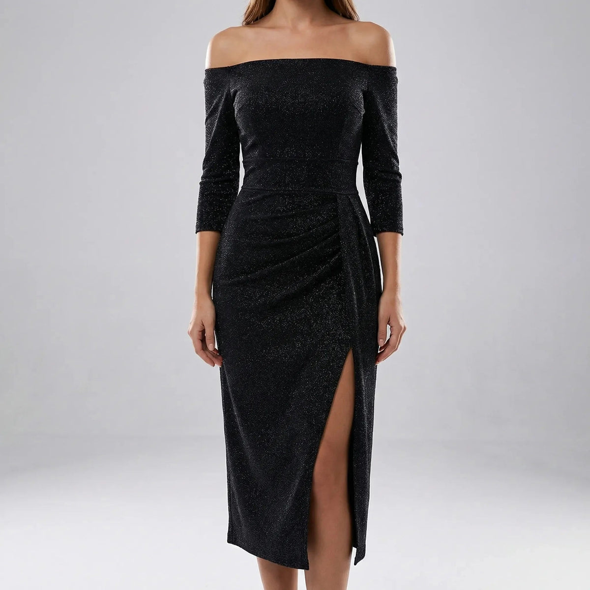 Women's Midi Dress Off Shoulder Ruched Bodycon Slit Cocktail Christmas Party Evening Night Out Sparkly - image 1