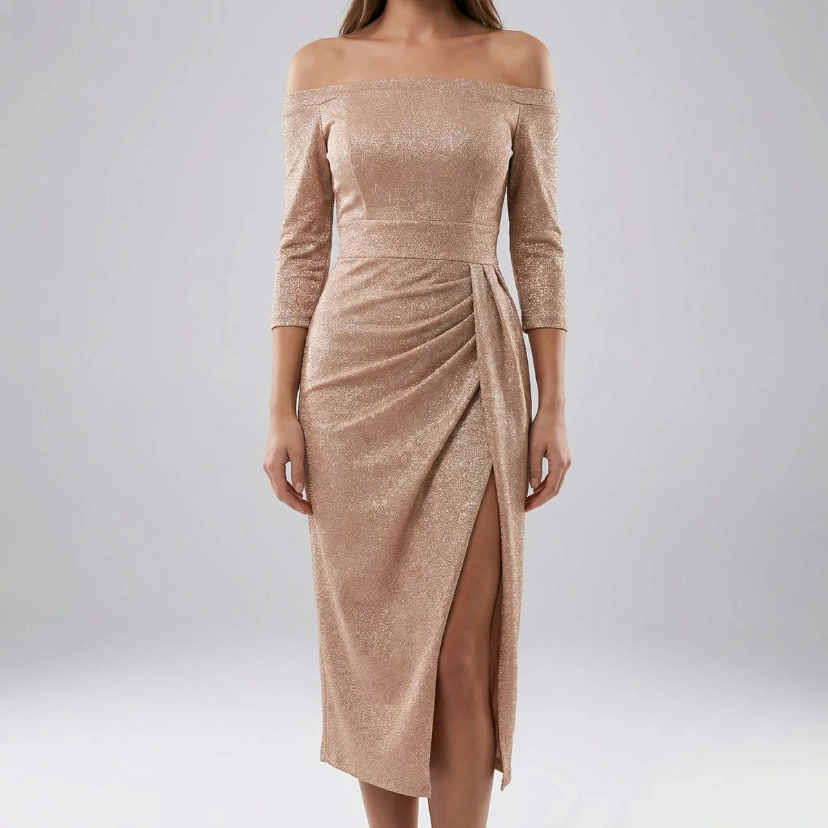 Women's Midi Dress Off Shoulder Ruched Bodycon Slit Cocktail Christmas Party Evening Night Out Sparkly - image 4