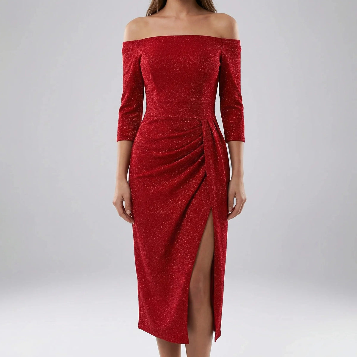 Women's Midi Dress Off Shoulder Ruched Bodycon Slit Cocktail Christmas Party Evening Night Out Sparkly - image 5