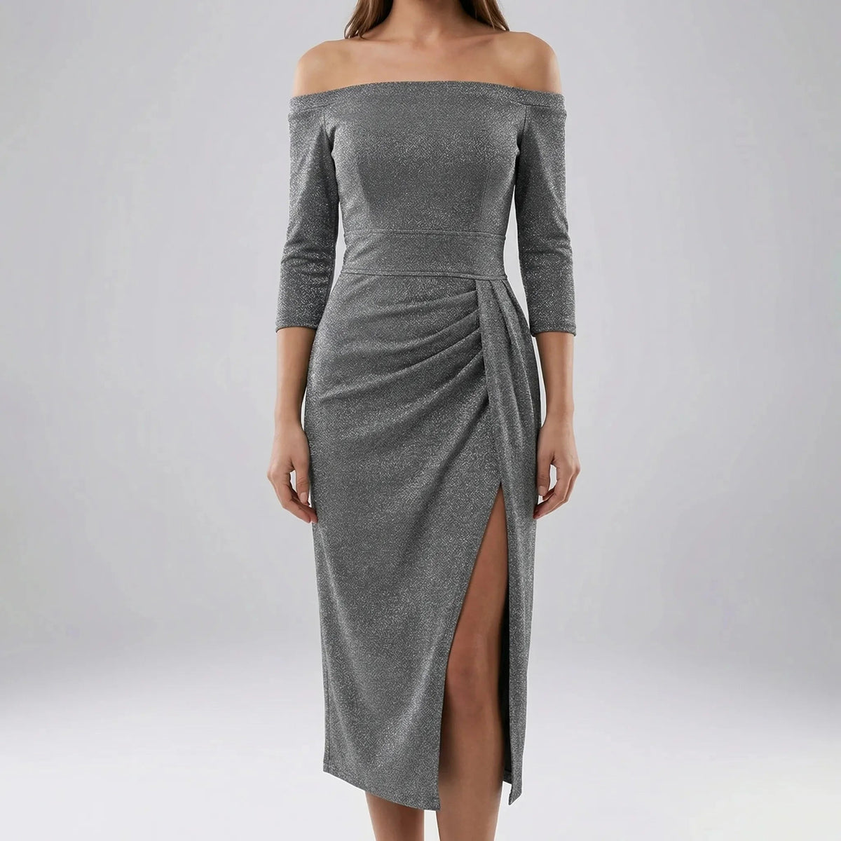 Women's Midi Dress Off Shoulder Ruched Bodycon Slit Cocktail Christmas Party Evening Night Out Sparkly - image 6