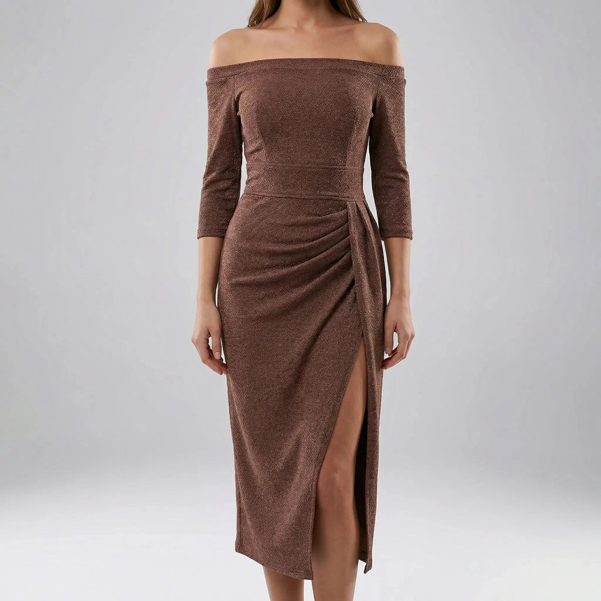 Women's Midi Dress Off Shoulder Ruched Bodycon Slit Cocktail Christmas Party Evening Night Out Sparkly - image 7