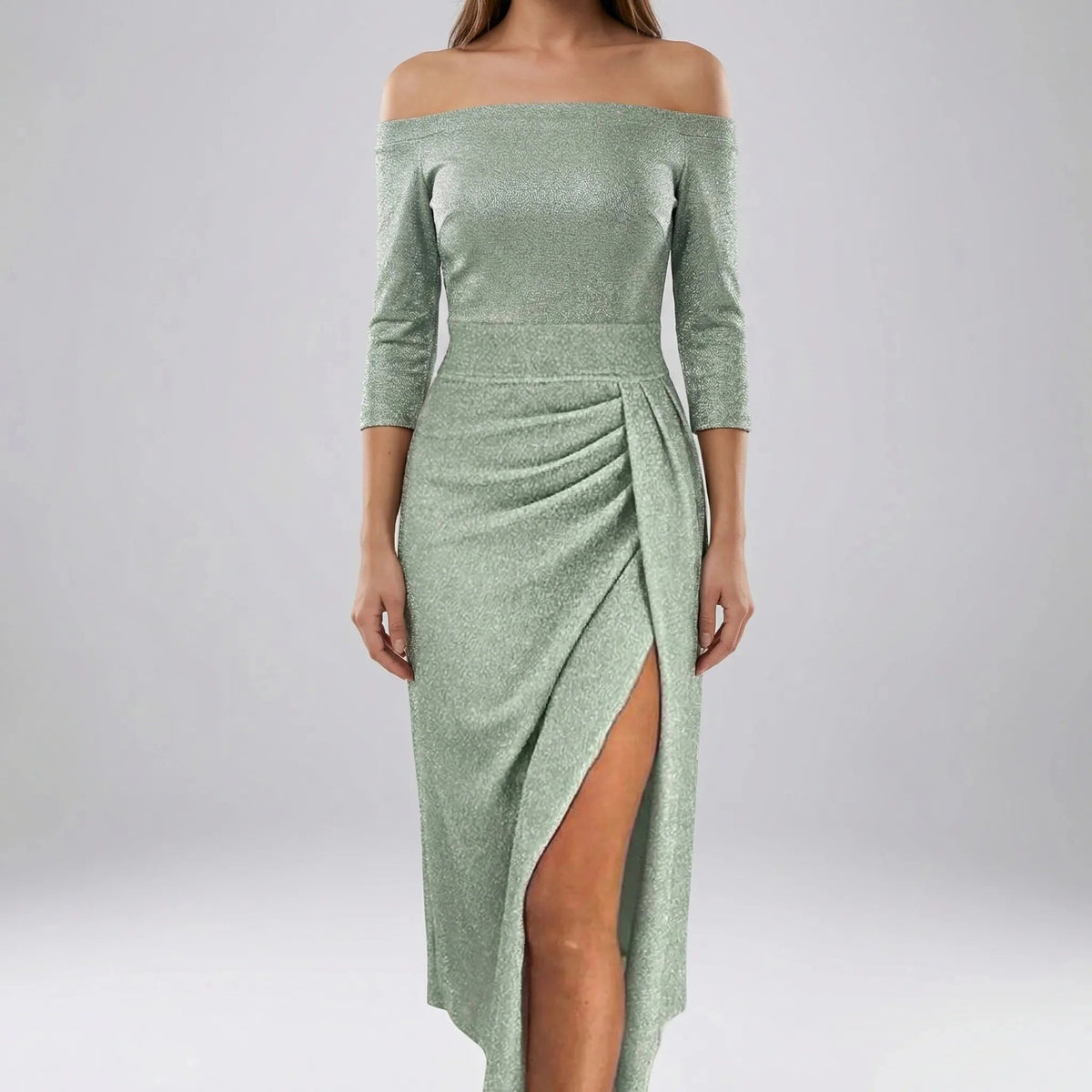 Women's Midi Dress Off Shoulder Ruched Bodycon Slit Cocktail Christmas Party Evening Night Out Sparkly - image 8