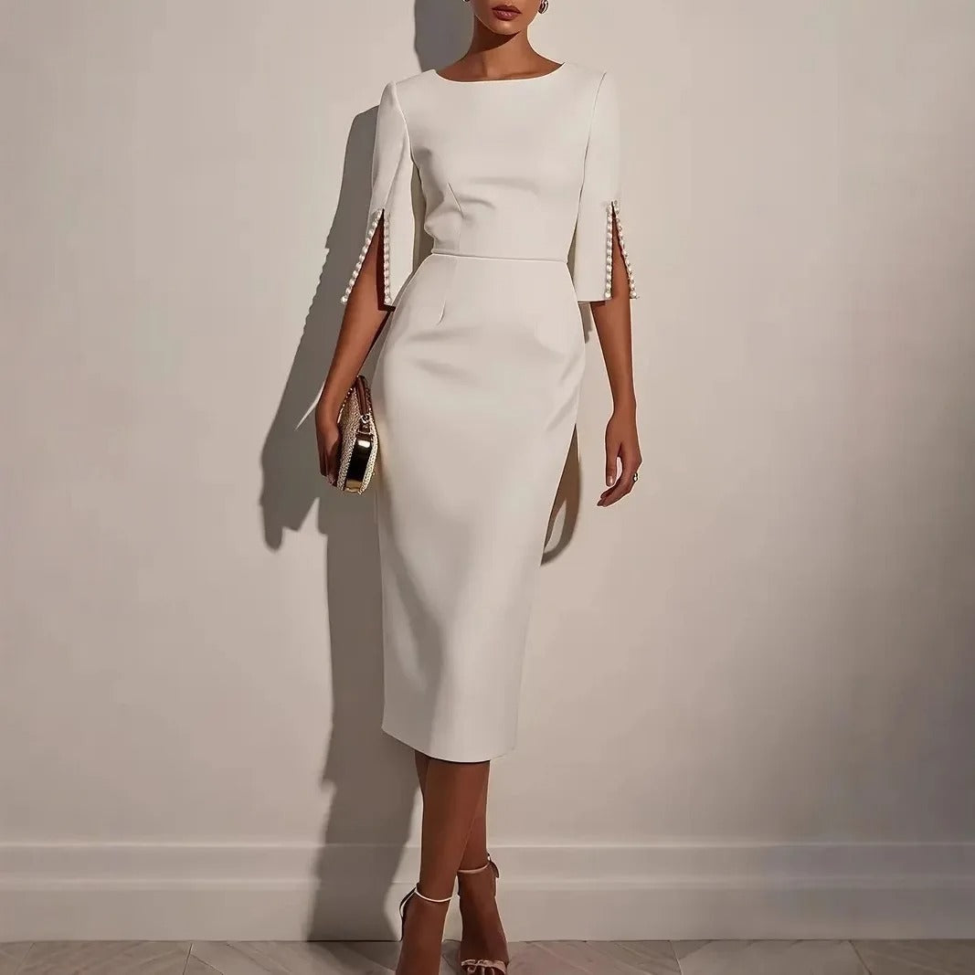 Women's Midi Dress Sheath Bateau Neck Pearl Trim Formal Cocktail Wedding Guest Bodycon Semi Formal Elegant - image 1