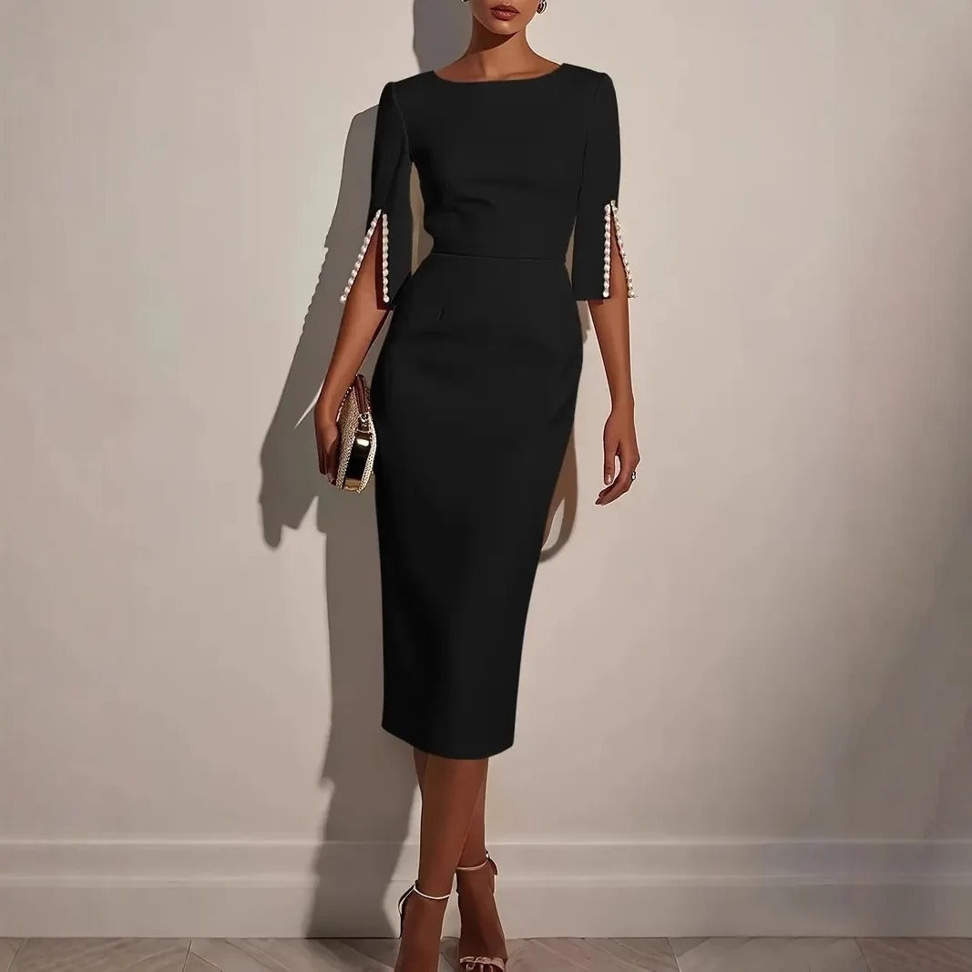 Women's Midi Dress Sheath Bateau Neck Pearl Trim Formal Cocktail Wedding Guest Bodycon Semi Formal Elegant